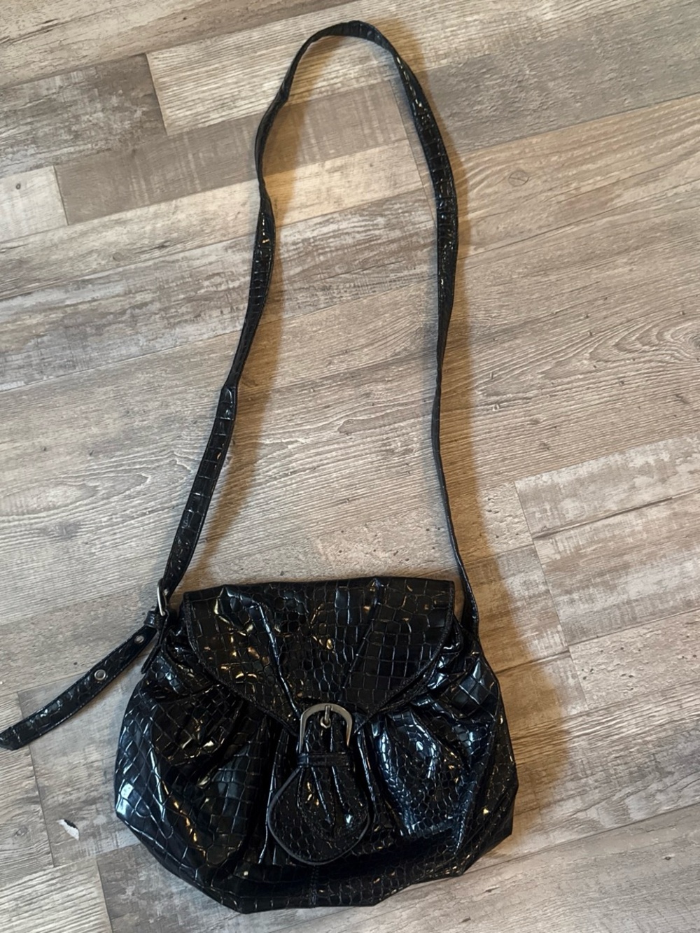 Black Croc-Embossed Shoulder Bag with Buckle Accent